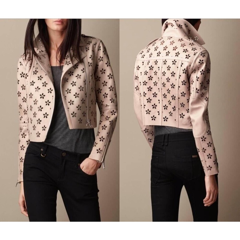 $6250 STUNNING NWT BURBERRY MOTO LAMBSKIN LEATHER LASER CUT JACKET COAT 6 S NEW!